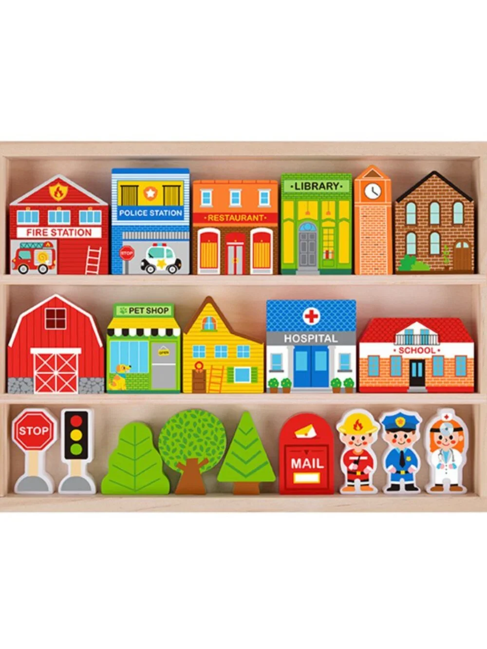 NEW Montessori Wooden Town Play Set Building Blocks Educational Toy Gift